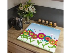 Banjado Herdabdeckplatte Glas 1 Teilig 60x52CM Schneidebrett Herdabdeckung Mit Motiv Bunte Blumen