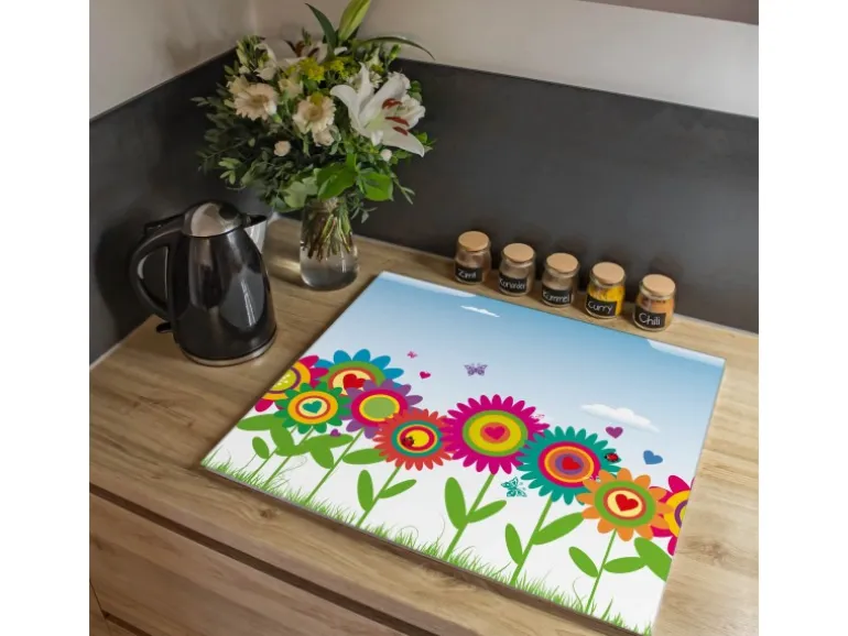 Banjado Herdabdeckplatte Glas 1 Teilig 60x52CM Schneidebrett Herdabdeckung Mit Motiv Bunte Blumen