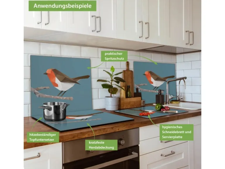 Banjado Herdabdeckplatte Glas 1 Teilig 60x52CM Schneidebrett Herdabdeckung Mit Motiv Abstrakter Vogel