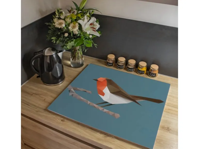 Banjado Herdabdeckplatte Glas 1 Teilig 60x52CM Schneidebrett Herdabdeckung Mit Motiv Abstrakter Vogel