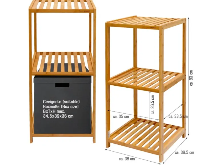 DuneDesign Badezimmer-Regal 83 x 38 x 40 cm mit 3 Fächern aus Bambus
