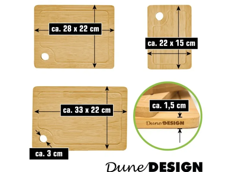 DuneDesign 3er Set Schneidebrett aus Bambus 33 x 22 cm mit Saftrille