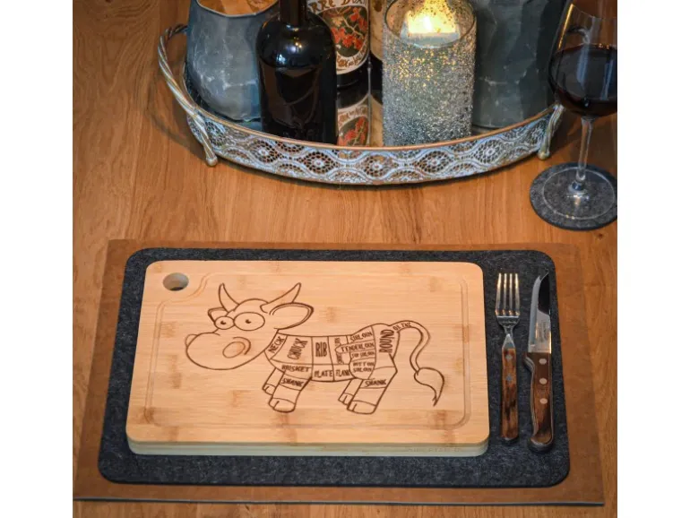 DuneDesign 4er Set Steakteller aus Bambus 33 x 23 x 2cm Motiv Comic-Kuh