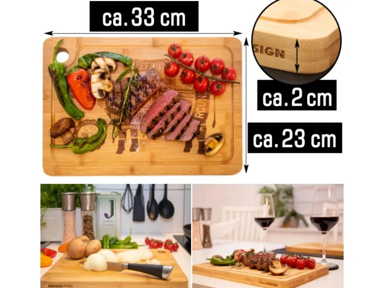 DuneDesign 4er Set Steakteller aus Bambus 33 x 23 x 2cm Motiv Comic-Kuh