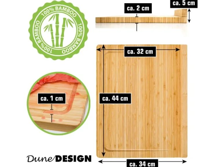 DuneDesign Schneidebrett aus Bambus 44 x 34 x 2 cm mit Kante