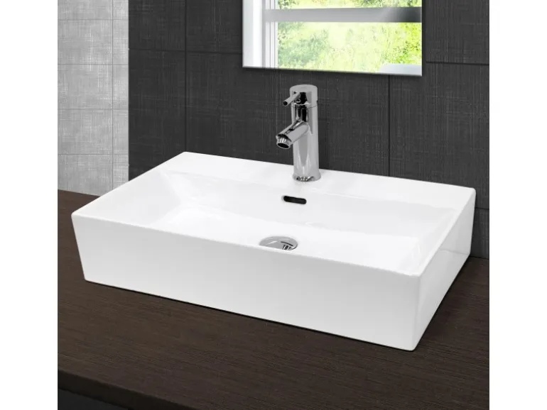 ECD Germany Waschbecken 605x365x130 mm Keramik Eckig Weiß inkl Ablaufgarnitur