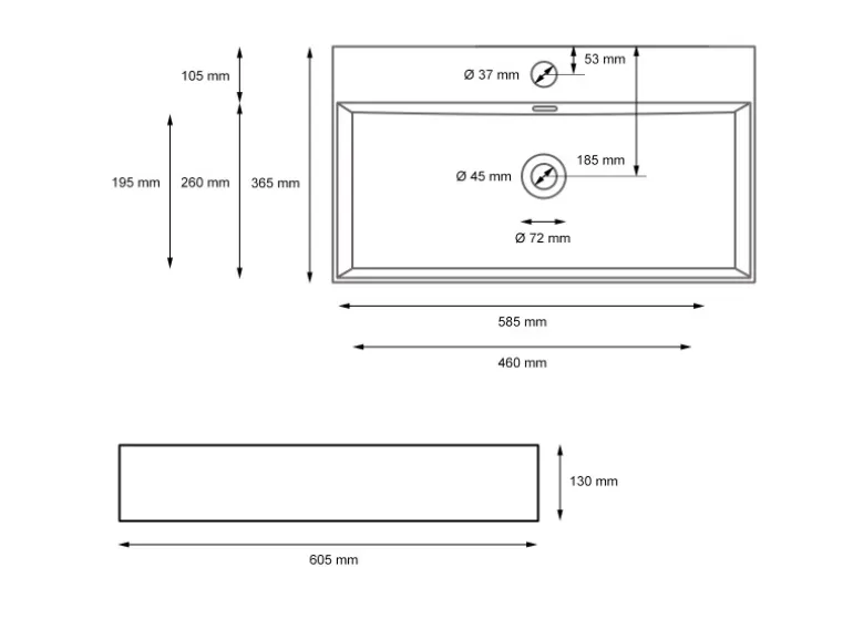 ECD Germany Waschbecken 605x365x130 mm Keramik Eckig Weiß inkl Ablaufgarnitur