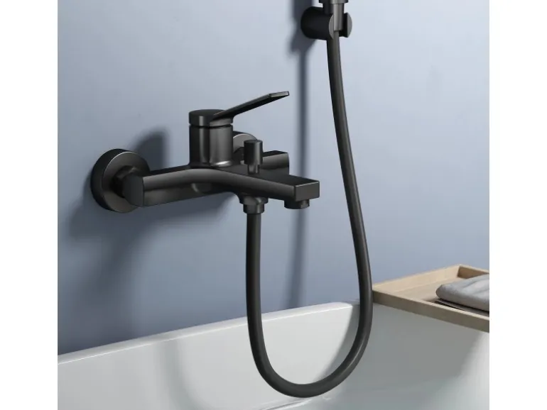 Emke Badewannenarmatur Schwarz mit Auslauf Mischbatterie Badewanne Brausebatterie Einhand Wannenbatterie