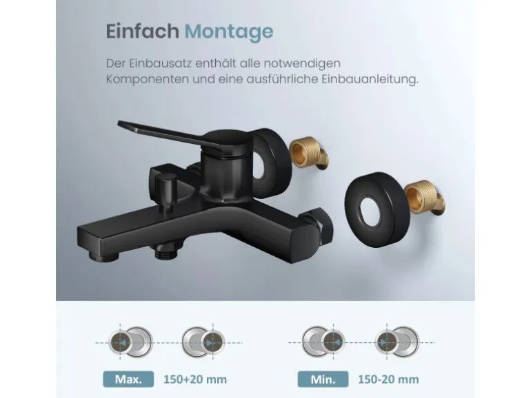 Emke Badewannenarmatur Schwarz mit Auslauf Mischbatterie Badewanne Brausebatterie Einhand Wannenbatterie