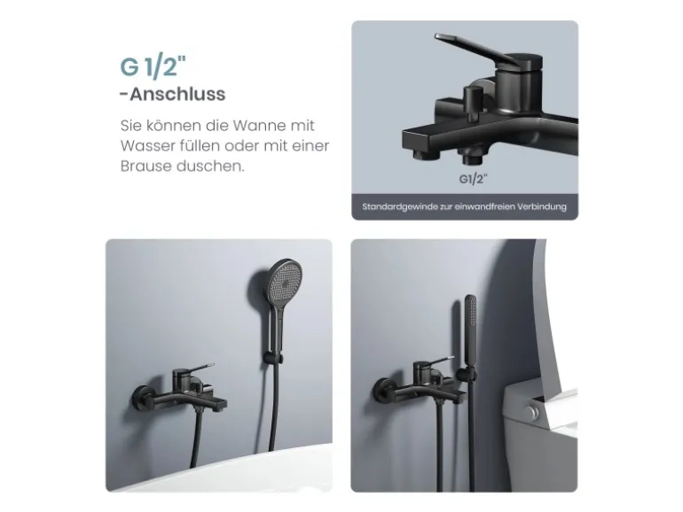 Emke Badewannenarmatur Schwarz mit Auslauf Mischbatterie Badewanne Brausebatterie Einhand Wannenbatterie