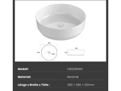 Emke Handwaschbecken 39 x 39 x 12 mm Ovales Keramikwaschbecken Weiß Glänzend