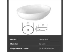 Emke Handwaschbecken 52 x 39,5 x 13 cm Ovales Keramikwaschbecken Weiß Glänzend