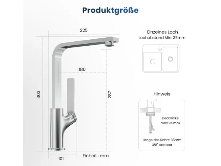 Emke Küchenarmatur Chrom im Ultradünnen Design 30x22x10 cm Küchenarmatur Drehbar Wasserhahn