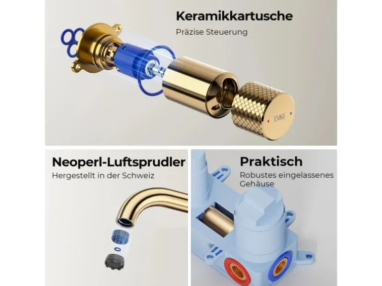 Emke Waschtischarmatur Unterputz für Wandmontage Champagnergold Wasserhahn Badarmatur