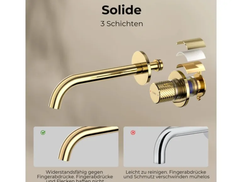 Emke Waschtischarmatur Unterputz für Wandmontage Champagnergold Wasserhahn Badarmatur
