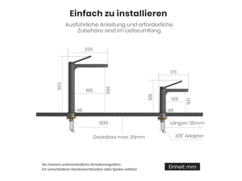Emke Wasserhahn Waschbeckenarmaturen 335 x 233 x 46 mm Anthrazit Mischbatterie Küchenarmatur mit Luftsprudler