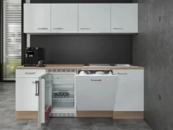 Flex-Well Exclusiv Büroküche Valero 210 cm Hochglanz Weiß-Sonoma Eiche