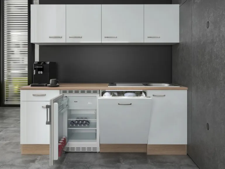 Flex-Well Exclusiv Büroküche Valero 210 cm Hochglanz Weiß-Sonoma Eiche