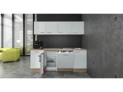 Flex-Well Exclusiv Büroküche Valero 210 cm Hochglanz Weiß-Sonoma Eiche