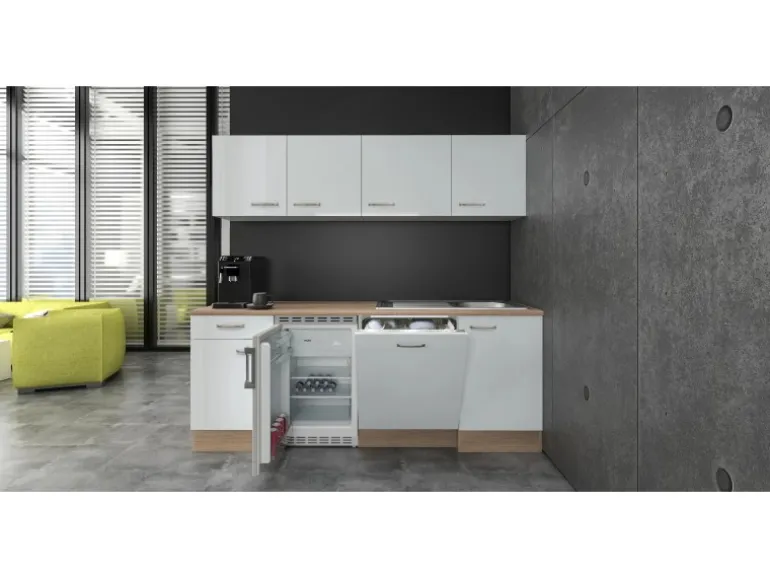 Flex-Well Exclusiv Büroküche Valero 210 cm Hochglanz Weiß-Sonoma Eiche