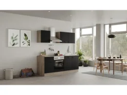 Flex-Well Exclusiv Küchenzeile Capri 210 cm Schwarz Matt-Endgrain Oak