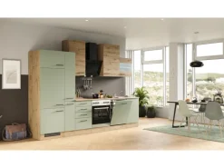 Flex-Well Exclusiv Küchenzeile Cara 310 cm Schilfgrün matt - Artisan Eiche