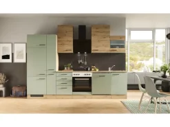 Flex-Well Exclusiv Küchenzeile Cara 310 cm Schilfgrün matt - Artisan Eiche