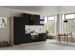 Flex-Well Exclusiv Küchenzeile Capri 310 cm Schwarz Matt-Endgrain Oak