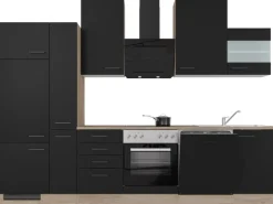 Flex-Well Exclusiv Küchenzeile Capri 310 cm Schwarz Matt-Endgrain Oak