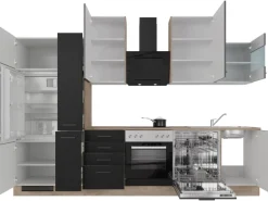 Flex-Well Exclusiv Küchenzeile Capri 310 cm Schwarz Matt-Endgrain Oak