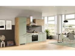 Flex-Well Exclusiv Küchenzeile Cara 270 cm Schilfgrün matt - Artisan Eiche