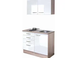 Flex-Well Exclusiv Miniküche Valero 100 cm Hochglanz Weiß-Sonoma Eiche