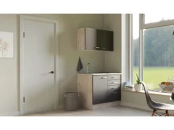 Flex-Well Exclusiv Miniküche Morena 100 cm Basaltgrau matt - San Remo Eiche