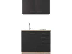 Flex-Well Exclusiv Miniküche Capri 100 cm Schwarz Matt-Endgrain Oak