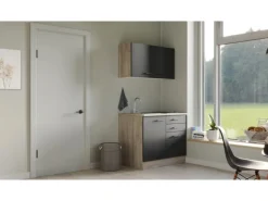 Flex-Well Exclusiv Miniküche Capri 100 cm Schwarz Matt-Endgrain Oak