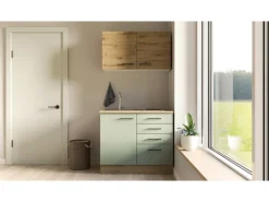 Flex-Well Exclusiv Miniküche Cara 100 cm Schilfgrün matt - Artisan Eiche