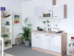 Flex-Well Exclusiv Singleküche Valero 150 cm breit Hochglanz Weiß-Sonoma Eiche