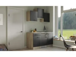 Flex-Well Exclusiv Singleküche Capri 150 cm Schwarz Matt-Endgrain Oak