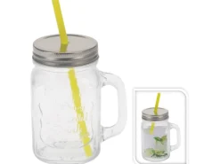 Glas mit Metalldeckel und Strohhalm 450 ml