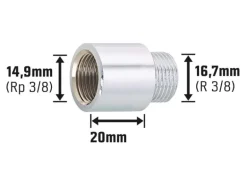 Hahnverlängerung 14,9 mm (Rp 3/8) x 16,7 mm (R 3/8) Messing Verchromt 20 mm