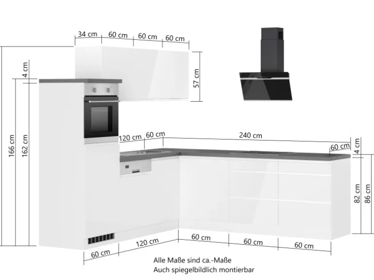 Held Küchen Winkelküche Gera 240 cm Weiß/Wotan mit E-Geräten Induktion