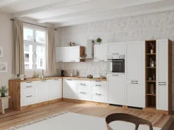 Held Küchen Winkelküche Kempten 420 cm Weiß/Wotan mit E-Geräten Induktion