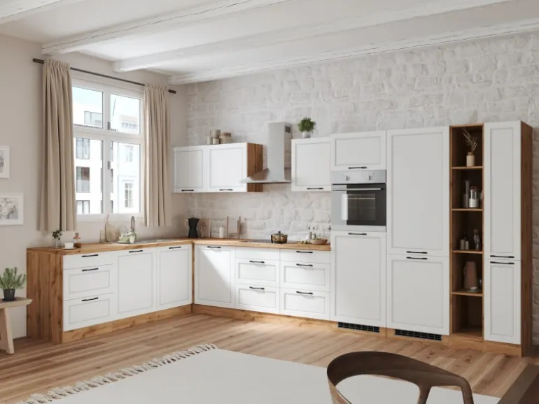 Held Küchen Winkelküche Kempten 420 cm Weiß/Wotan mit E-Geräten Induktion