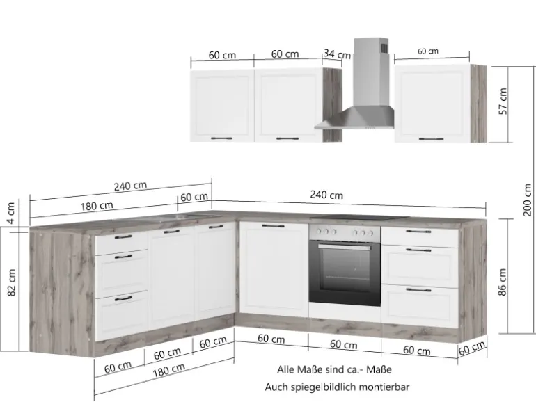 Held Küchen Winkelküche Kempten 240 cm mit E-Geräten Wotan/Weiß