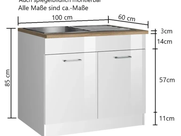 Held Möbel Küchen-Spülenunterschrank Mailand 100 cm Hochglanz Weiß/Weiß