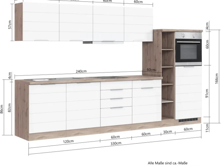 Held Möbel Küchenzeile 330 cm Matt Weiß-Wotaneiche