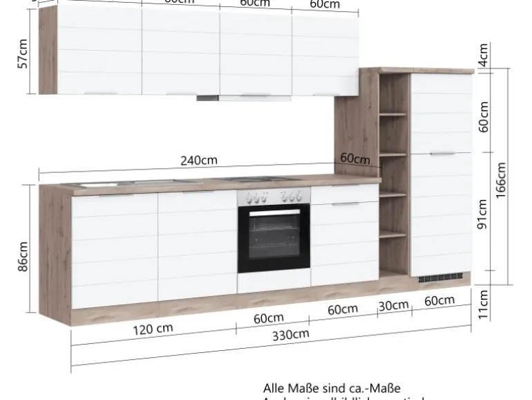 Held Möbel Küchenzeile 330 cm Matt Weiß-Wotaneiche