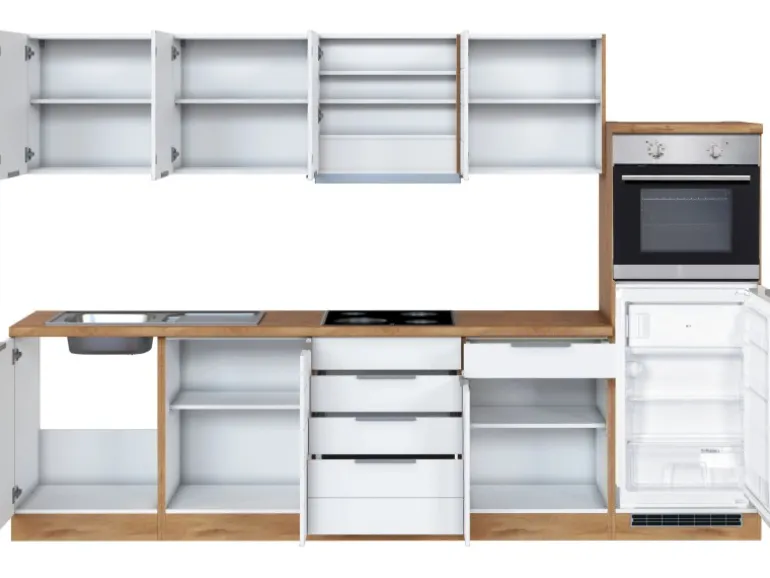 Held Möbel Küchenzeile 300 cm Matt Weiß-Wotaneiche