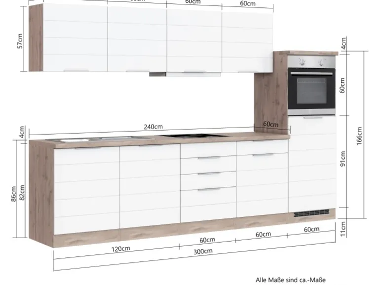 Held Möbel Küchenzeile 300 cm Matt Weiß-Wotaneiche ohne E-Geräte