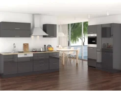 Held Möbel Küchenzeile Mailand 390 cm Grau Hochglanz-Grau Matt ohne E-Geräte